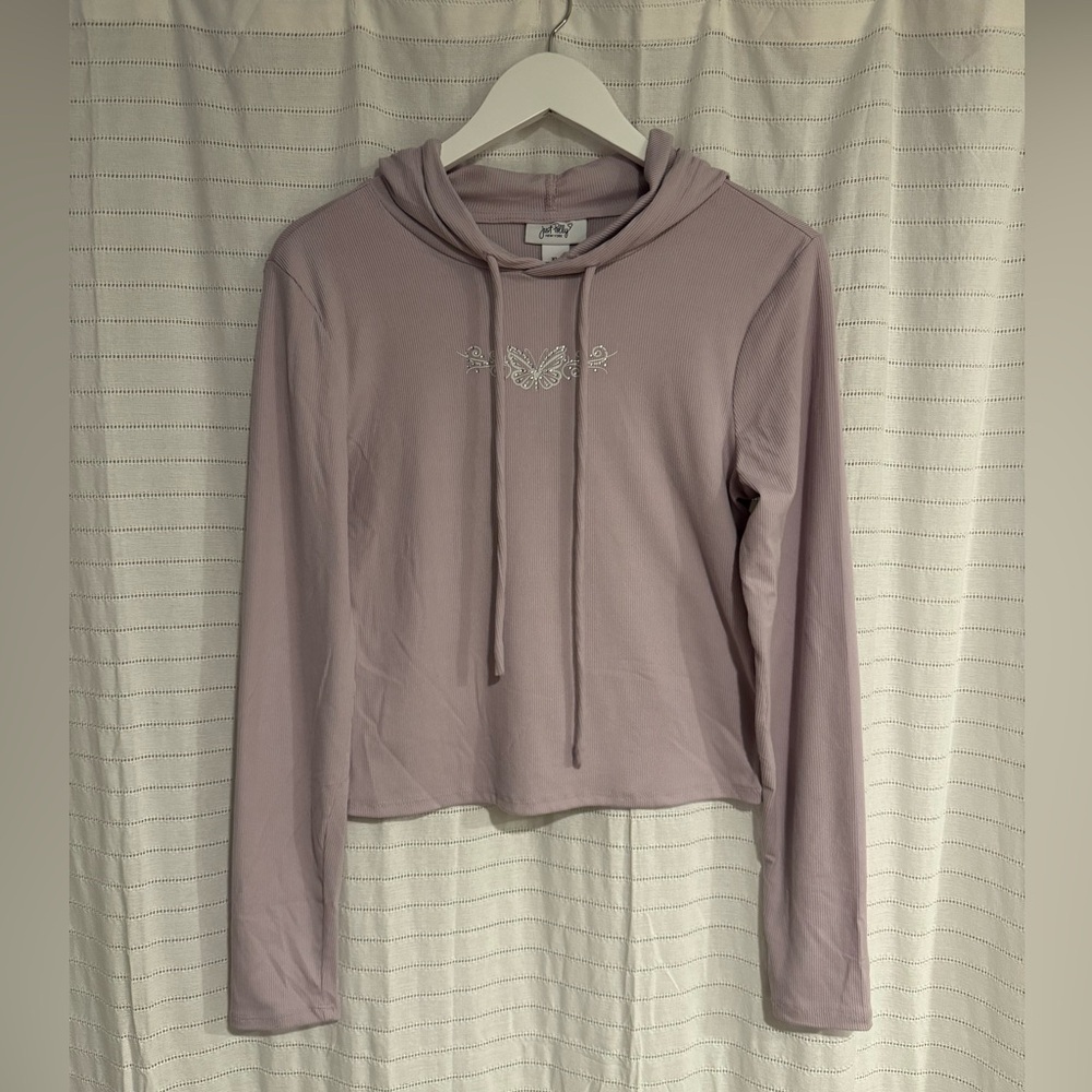 NWT Just Polly Y2K Retro Lilac Butterfly Jeweled T-Shirt Hoodie